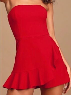 Lulu's "Call Me Up" Red Ruffled Strapless Skort Romper Size M